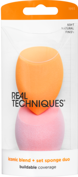 Real Techniques Iconic Blend + Set Sponge Duo: pomarańczowa i różowa gąbka w przezroczystym opakowaniu.
