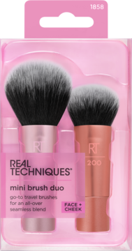 Real Techniques mini brush duo, dwa kompaktowe pędzle do makijażu twarzy z różowymi rączkami, w blistrze.