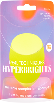 Real Techniques Hyperbrights Miracle Complexion Sponge w opakowaniu, neonowa, naturalne dewy wykończenie.