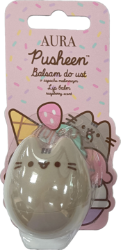 Balsam do ust Pusheen o zapachu malinowym w trójwymiarowym opakowaniu kotka, widok z przodu na blistrze z grafiką lodów.