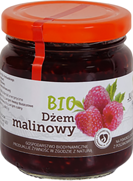 Dżem malinowy BIO z Gospodarstwa Biodynamicznego w szklanym słoiku z czerwoną nakrętką, widok z przodu.