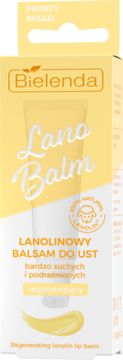 Bielenda Lano Balm: regenerujący lanolinowy balsam do ust w żółto-białym kartoniku, widok z przodu.
