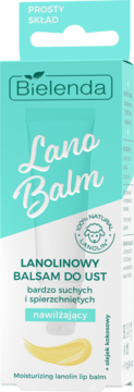 Bielenda Lano Balm, nawilżający lanolinowy balsam do ust w biało-turkusowym pudełku, widok z przodu.