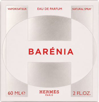 Białe pudełko Hermes Barénia Eau de Parfum 60 ml dla kobiet, z subtelną teksturą 'H' i czerwonym napisem, widok z przodu.