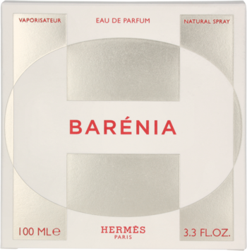 Białe, kwadratowe pudełko perfum Hermes Barénia Eau de Parfum 100 ml, z czerwonym napisem, widok z przodu.