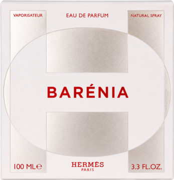 Widok z przodu: Hermes Barénia Eau de Parfum 100ml. Jasne pudełko z teksturą, napis BARÉNIA w czerwieni.