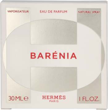 Opakowanie damskiej wody perfumowanej Barénia Eau de Parfum Hermes, beżowe, z wzorem litery H i czerwonym napisem.