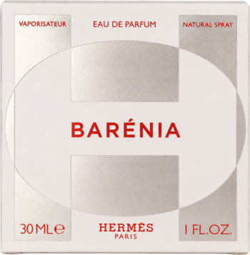 Damska woda perfumowana Hermes Barénia, białe, kwadratowe opakowanie z czerwonym napisem i logo H, widok z przodu.