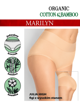 Figi Marilyn JULIA HIGH nude, wysoki stan, organiczna bawełna i bambus. Na modelce, widok z boku.