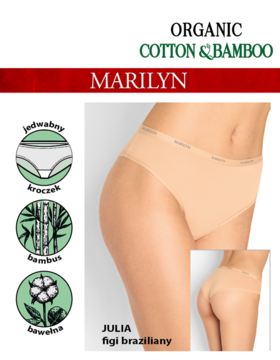 MARILYN JULIA beżowe figi brazyliany z bawełny, bambusa, jedwabnym kroczkiem, widok przód i tył.