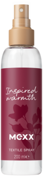 MEXX Inspired Warmth textile spray 200ml, clear bottle, maroon label with floral design, front view.