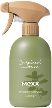 Zielone perfumy Mexx Inspired Nature do wnętrz 500ml, butelka z beżowym triggerem, grafika liści, przód.