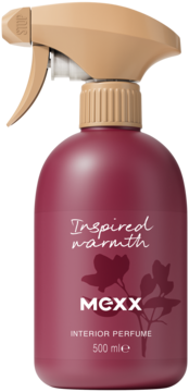 Perfumy do wnętrz Mexx Inspired Warmth MGXX, bordowa butelka 500ml, beżowy spray, widok z przodu.