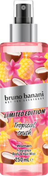 Bruno Banani Tropical Crush Limited Edition 250ml, różowa mgiełka do ciała z tropikalnym wzorem, widok z przodu.