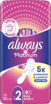 Różowo-fioletowe opakowanie podpasek Always Platinum, rozmiar 2 long, 24 sztuki, ultra miękkie, bezzapachowe, widok z przodu.