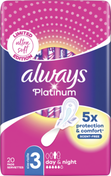Opakowanie podpasek Always Platinum Day & Night rozmiar 3, różowo-fioletowe. Widoczne '5x protection & comfort SCENT-FREE'.