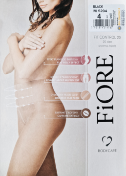 Opakowanie czarnych rajstop wyszczuplających Fiore 20 den, rozmiar 4. Z przodu grafika kobiety i hasło "Fit Control".