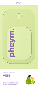 Pheym VIBE Eau de Toilette próbka, jasnozielona karta z fioletowym logo, nuty gruszki, bergamotki, pomarańczy.