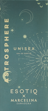 Turkusowe opakowanie perfum unisex Esotiq Atmosphere Marcelina Zawadzka Eau de Parfum, z celestialnym wzorem.