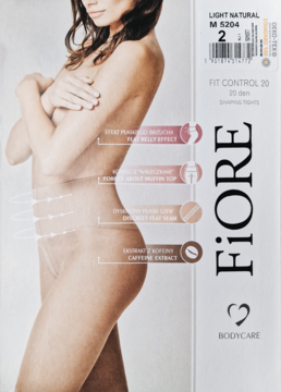 Rajstopy wyszczuplające Fiore Light Natural 20 den, rozmiar 2, opakowanie z grafiką modelki.