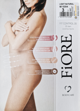 Opakowanie rajstop wyszczuplających FIORE Bodycare, kolor Light Natural 20 den, z modelką i opisem korzyści.