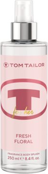 Tom Tailor For Her Fresh Floral 250ml body splash w przezroczystej butelce, różowa etykieta, srebrny atomizer.