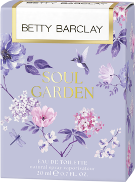 Fioletowe pudełko Betty Barclay Soul Garden woda toaletowa 20ml z kwiatami i kolibrem, widok z przodu.