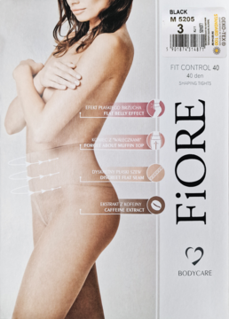 Opakowanie czarnych rajstop wyszczuplających Fiore Bodycare 40 den, z modelką; widoczne cechy i ekstrakt z kofeiny.