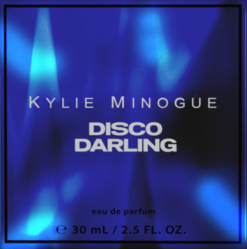 Kylie Minogue Disco Darling damska woda perfumowana, kwadratowa butelka w mieniącym się odcieniu niebieskiego.