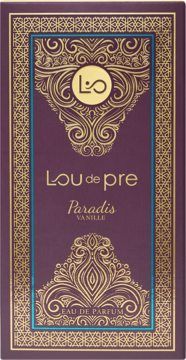 Bordowe pudełko perfum Lou de Pre Paradis Vanille Eau de Parfum, ze złotym wzorem i logo, widok z przodu.