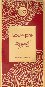 Prostokątne, czerwono-złote opakowanie Lou de Pre Royal Rubis Eau de Parfum, z logo i złotymi ornamentami.