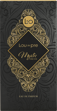 Lou De Pre Mystic Dream, damska woda perfumowana. Czarne pudełko ze złotymi ornamentami i logo, widok z przodu.
