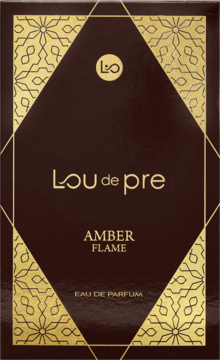 Lou de Pre Amber Flame, ambrowa woda perfumowana. Ciemnobrązowe opakowanie ze złotymi geometrycznymi wzorami, widok z przodu.