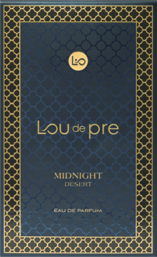 Ciemnoniebieskie opakowanie Lou De Pre Midnight Desert męskiej wody perfumowanej ze złotym wzorem i napisami.