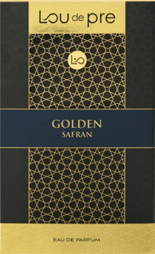 Męska woda perfumowana Lou De Pre Golden Safran, czarno-złote opakowanie z geometrycznym wzorem i pasem.