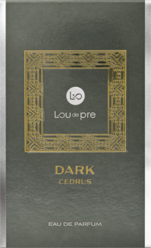 Lou De Pre Dark Cedrus, męska woda perfumowana. Matowe ciemnoszare opakowanie ze złotym wzorem i srebrnymi bokami.