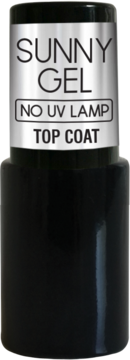 Czarna butelka Sunny Gel Top Coat bez lampy UV, z metaliczną etykietą, szybkoschnący, widok z przodu.