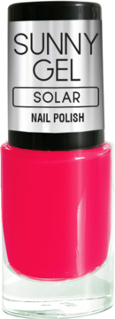 Różowy lakier Sunny Gel Solar o wysokim połysku, szybkoschnący, w butelce ze srebrną etykietą, widok z przodu.
