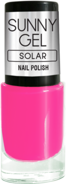 Intensywny różowy lakier Sunny Gel Solar, butelka z czarną zakrętką. Szybkoschnący, efekt hybrydy.