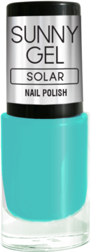 Turkusowy lakier do paznokci Sunny Gel Solar w szklanej butelce, z efektem hybrydy, widok z przodu.