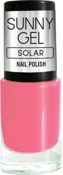 Lakier Sunny Gel Solar w butelce, kolor intensywny róż, wysoki połysk, szklana butelka z czarnym korkiem, widok z przodu.