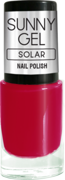 Intensywnie różowy lakier Sunny Gel Solar Nail Polish, butelka, widok z przodu. Szybkoschnący, z efektem hybrydy.