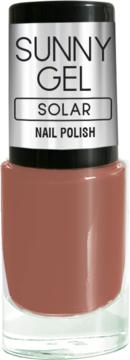 Lakier do paznokci Sunny Gel Solar. Brązowo-czerwony kolor, szklana butelka z napisem Nail Polish, widok z przodu.