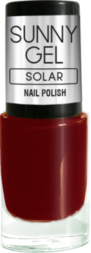 Ciemnoczerwony lakier Sunny Gel Solar Nail Polish, butelka z czarną nakrętką i srebrną etykietą.