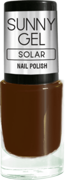 Ciemnobrązowy lakier Sunny Gel Solar w szklanej butelce z srebrną etykietą, widok z przodu. Szybkoschnący.
