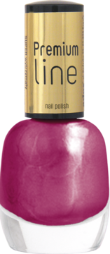 Trwały lakier do paznokci Ados Premium Line, butelka, perłowa fuksja, wysoki połysk, złota zakrętka.