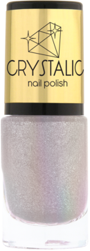 Ados Crystalic shimmering nail polish, pearlescent white with iridescent glitter, clear bottle, golden cap, front view.