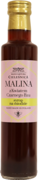 Syrop malinowy z kwiatem czarnego bzu na miodzie Manufaktura Cieleśnica, butelka, różowa etykieta, przód.