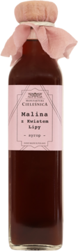 Pionowy syrop malinowo-lipowy Manufaktura Cieleśnica, w szklanej butelce z różową etykietą i tekstylnym wieczkiem.