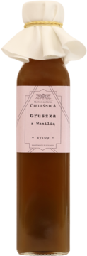 Ciemny syrop gruszkowy z wanilią Manufaktura Cieleśnica w szklanej butelce, różowa etykieta, białe wieczko.